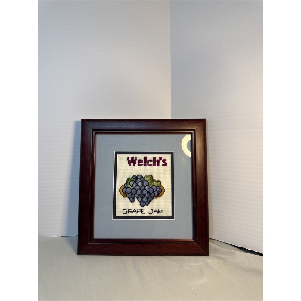 Vintage Welch's Grape Jam Cross Stitch Framed Art 10x10 Tru Vue Custom Glass